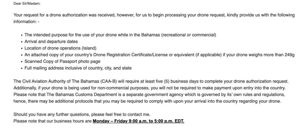 Email received from Bahamas Civil Aviation Administration