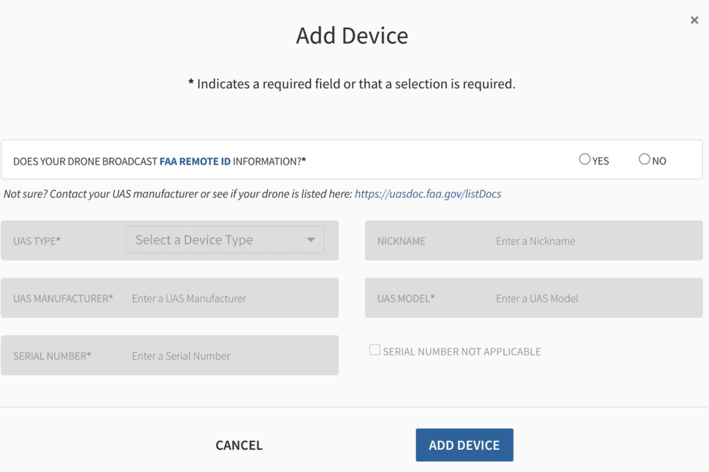 Information required to register your drone on the FAA drone zone website