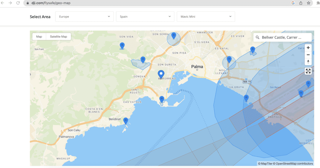 DJI Fly Safe map of Mallorca spain