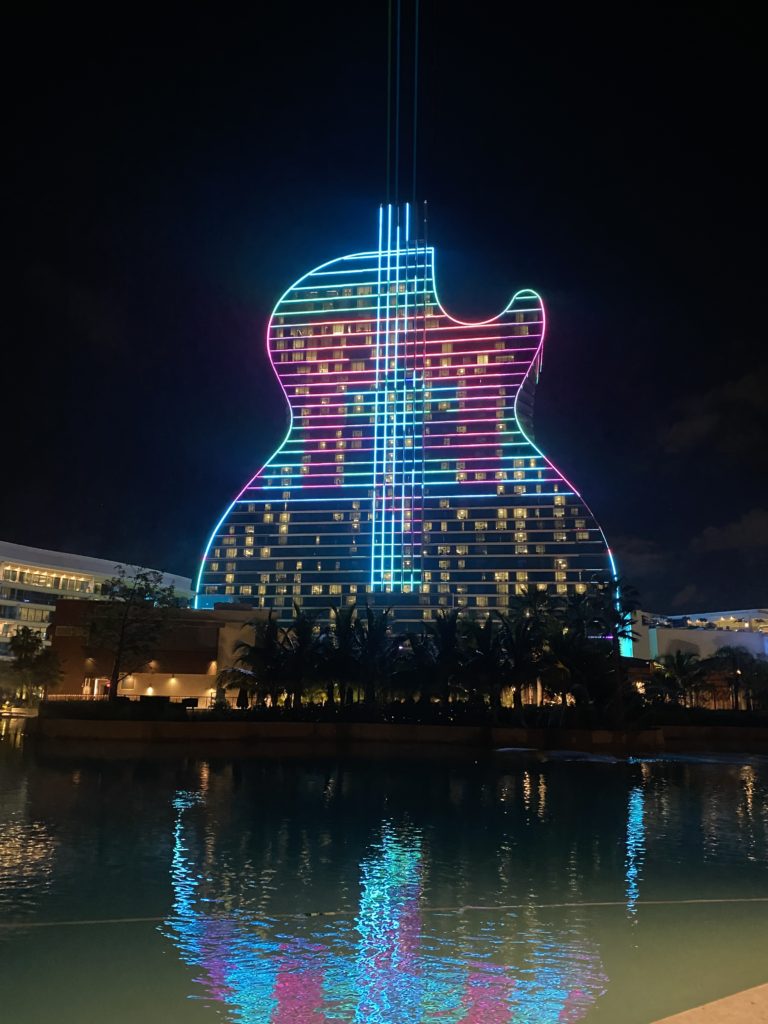 Guitar lit up at The Hardrock Hotel Hollywood Florida