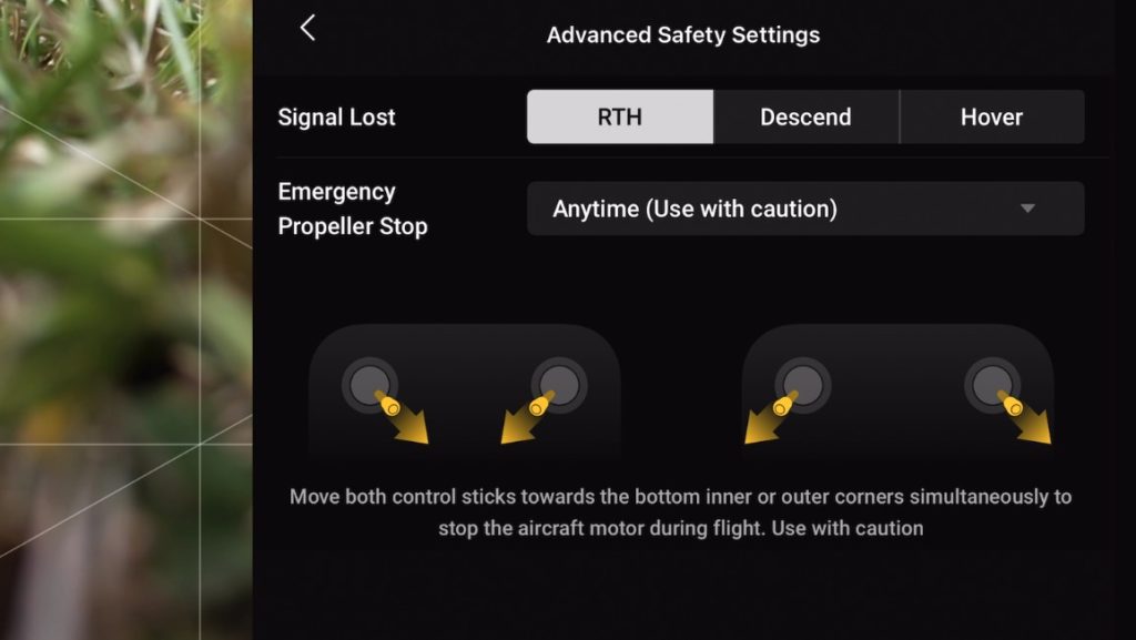 DJI advanced safety settings for Emergency Propeller Stop