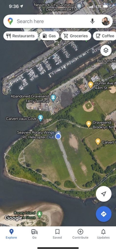 Google maps satellite view of where the actual flying park portion of Calvert Vaux park is located.