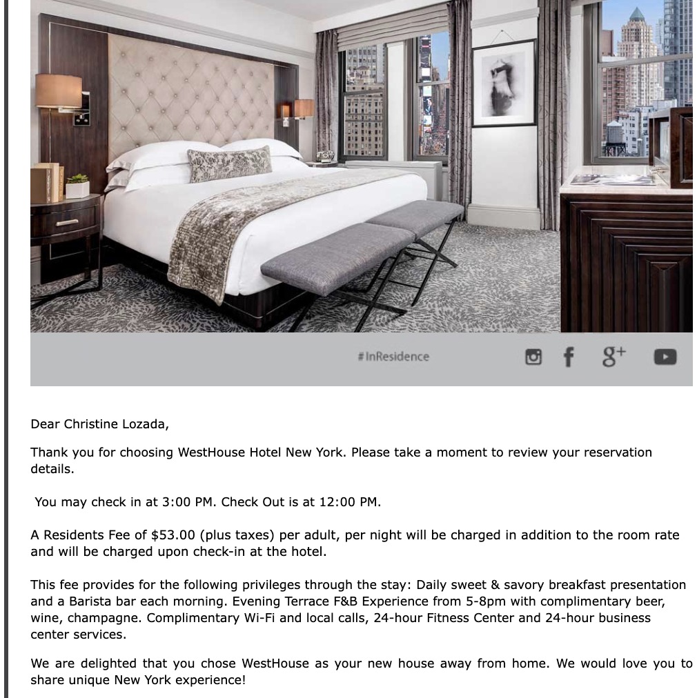 WestHouse NYC nightly "Resident's Fee"