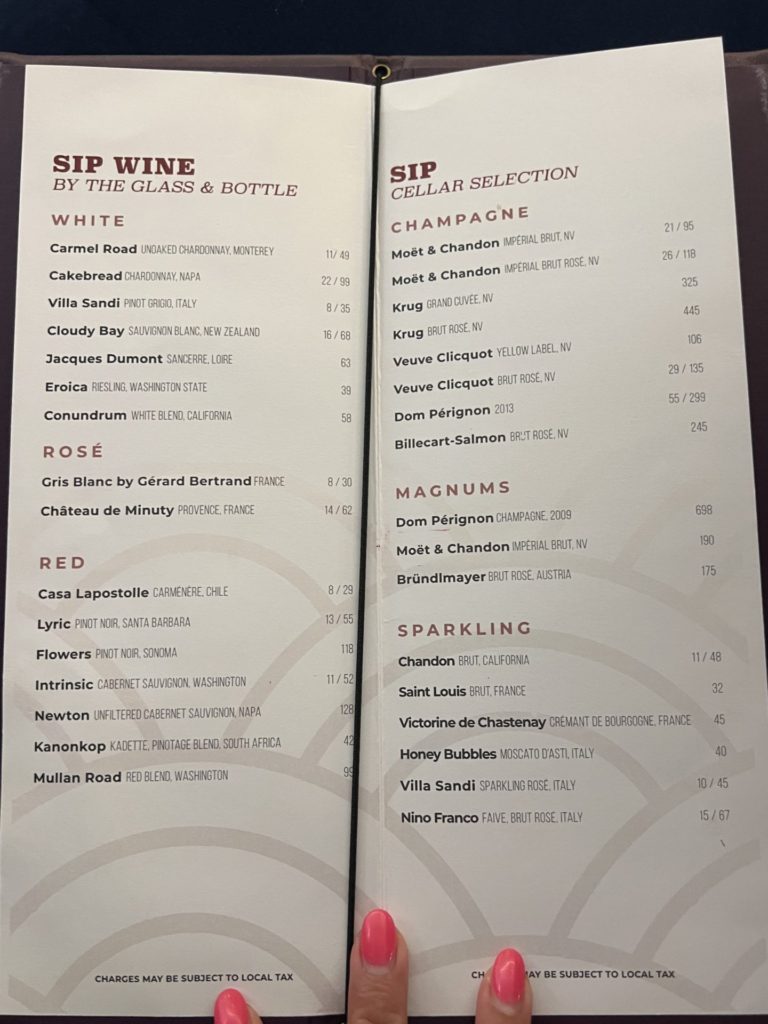 Drinks menu at Sip on Virgin Voyages Scarlet Lady