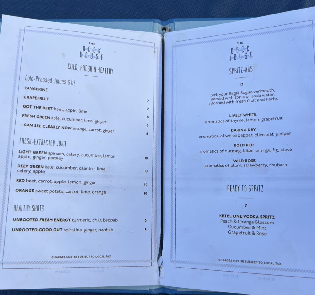 Drinks menu at The Dock House on Virgin Voyages Scarlet Lady