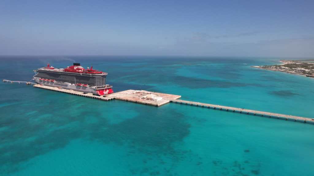 Virgin Voyages Scarlet Lady at port in Bimini Bahamas