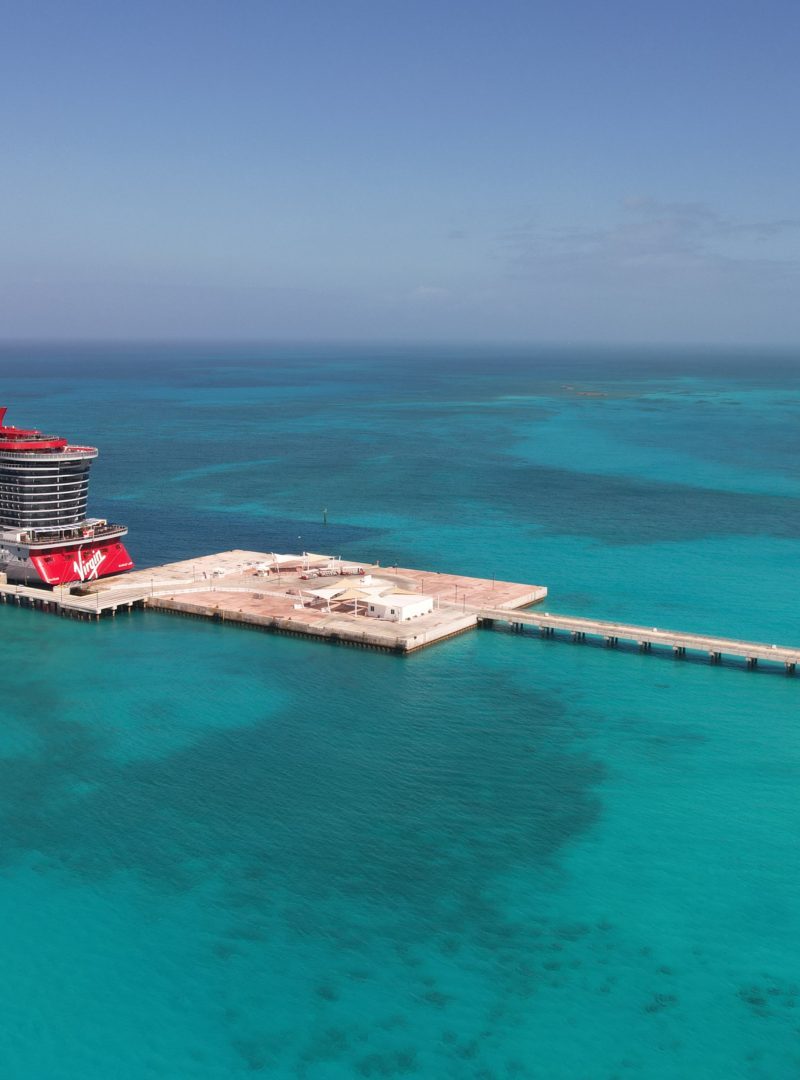 Virgin Voyages Scarlet Lady at port in Bimini Bahamas