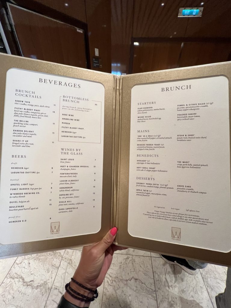 The Wake brunch menu on Virgin Voyages Scarlet Lady