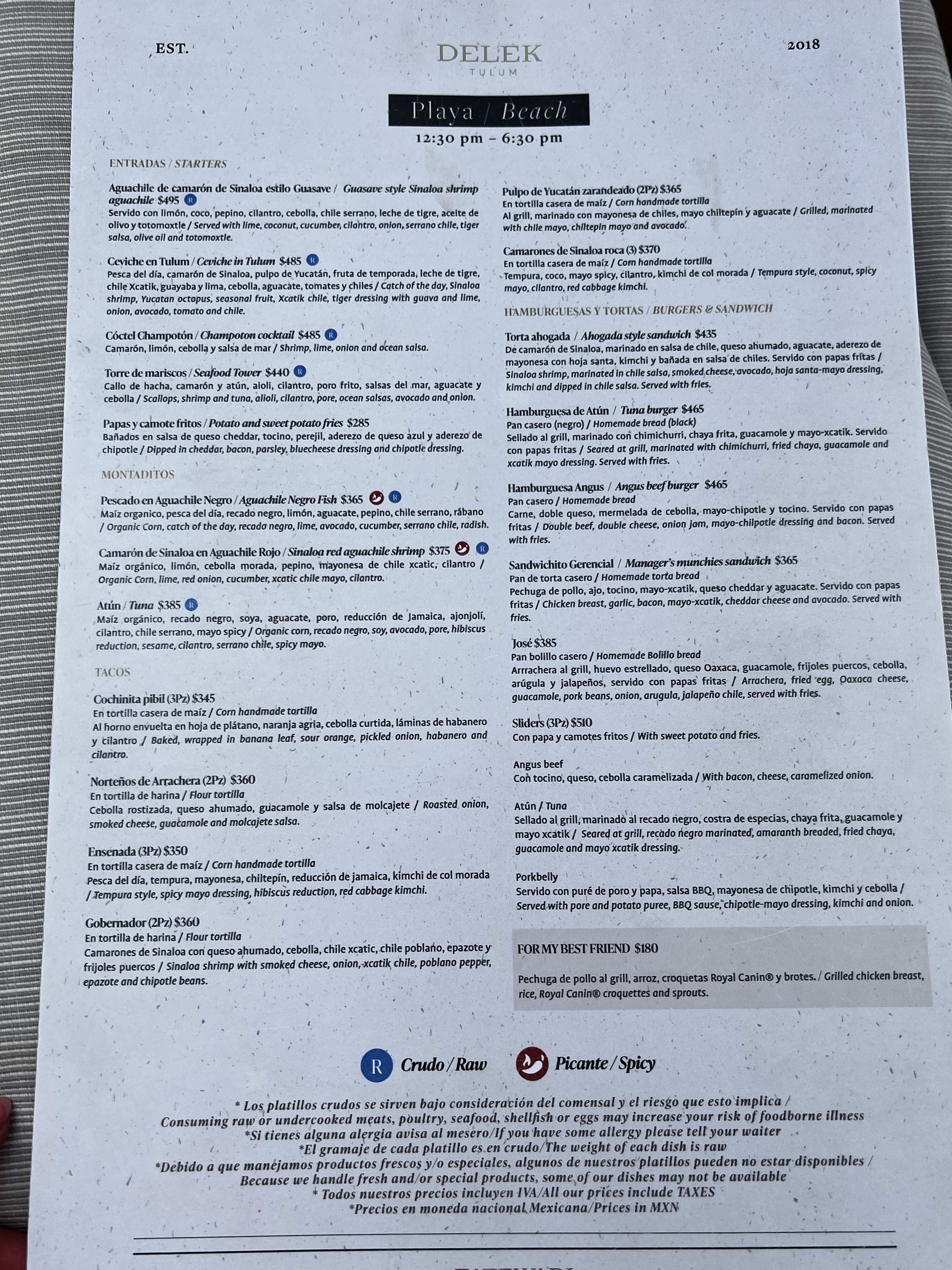 Delek Tulum Menu