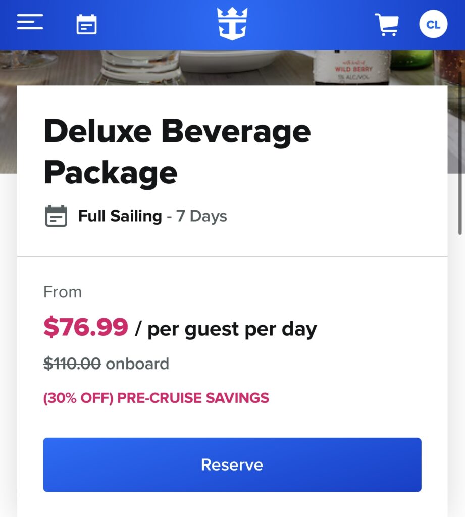 Preparing to purchase a drinks package on Royal Caribbean