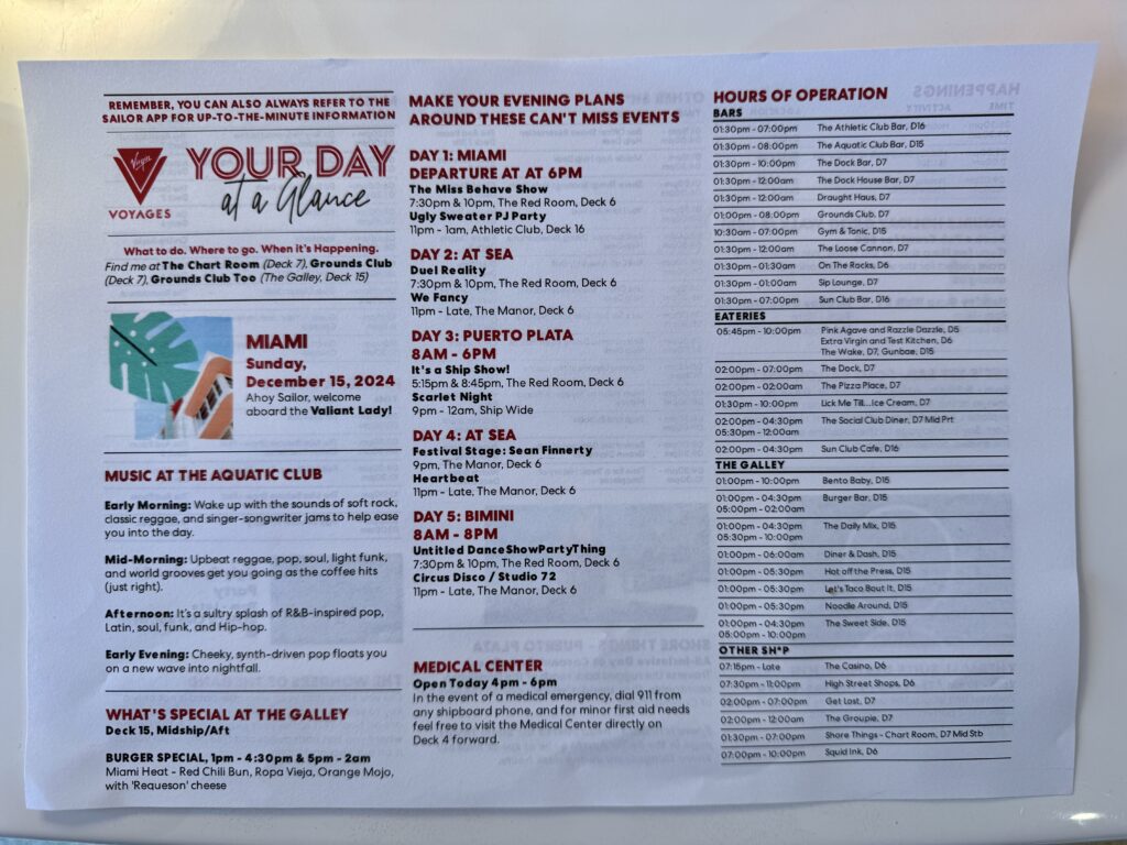 Virgin Voyages daily itinerary example